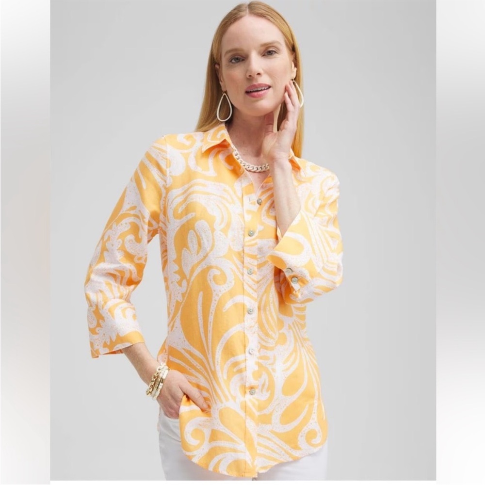 Chico's Linen Scroll Print 3/4 Sleeve Orange White Coastal Button Up Top Sz 20